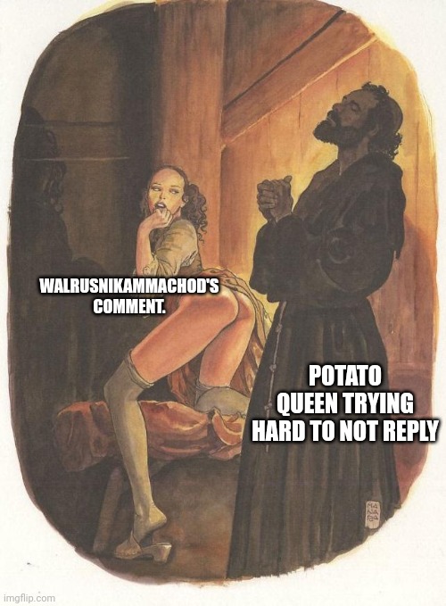 Me trying to live a normal productive life | WALRUSNIKAMMACHOD'S COMMENT. POTATO QUEEN TRYING HARD TO NOT REPLY | image tagged in me trying to live a normal productive life | made w/ Imgflip meme maker