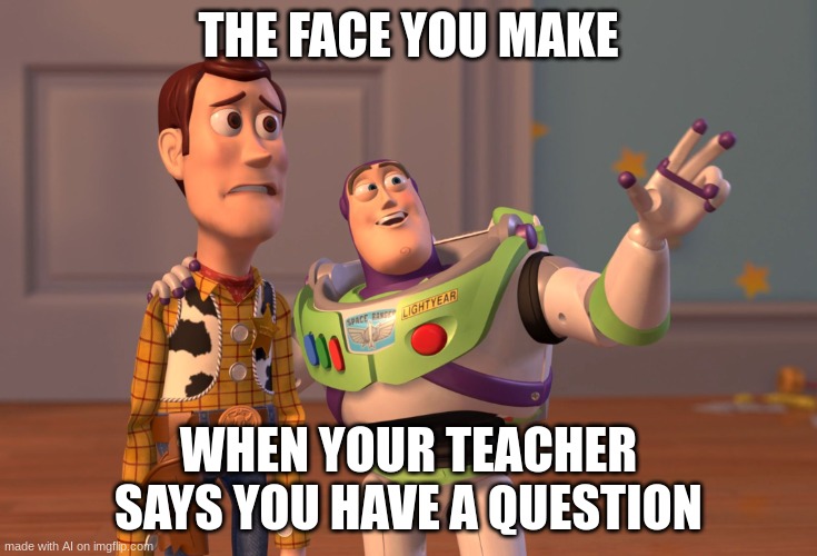 X, X Everywhere Meme | THE FACE YOU MAKE; WHEN YOUR TEACHER SAYS YOU HAVE A QUESTION | image tagged in memes,x x everywhere | made w/ Imgflip meme maker