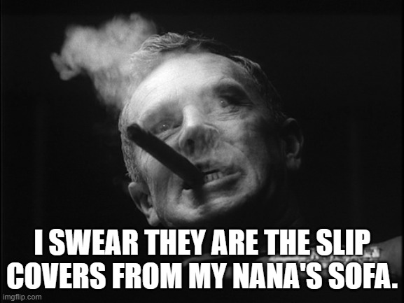 General Ripper (Dr. Strangelove) | I SWEAR THEY ARE THE SLIP COVERS FROM MY NANA'S SOFA. | image tagged in general ripper dr strangelove | made w/ Imgflip meme maker