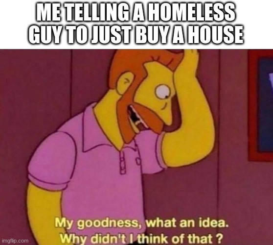 WOWWWW sarcasm 100000000000000000000% | ME TELLING A HOMELESS GUY TO JUST BUY A HOUSE | image tagged in my goodness what an idea why didn't i think of that,funny memes,memes | made w/ Imgflip meme maker