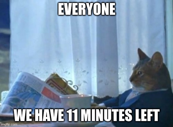 I Should Buy A Boat Cat Meme | EVERYONE; WE HAVE 11 MINUTES LEFT | image tagged in memes,i should buy a boat cat | made w/ Imgflip meme maker