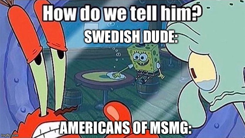 How do we tell him | AMERICANS OF MSMG: SWEDISH DUDE: | image tagged in how do we tell him | made w/ Imgflip meme maker