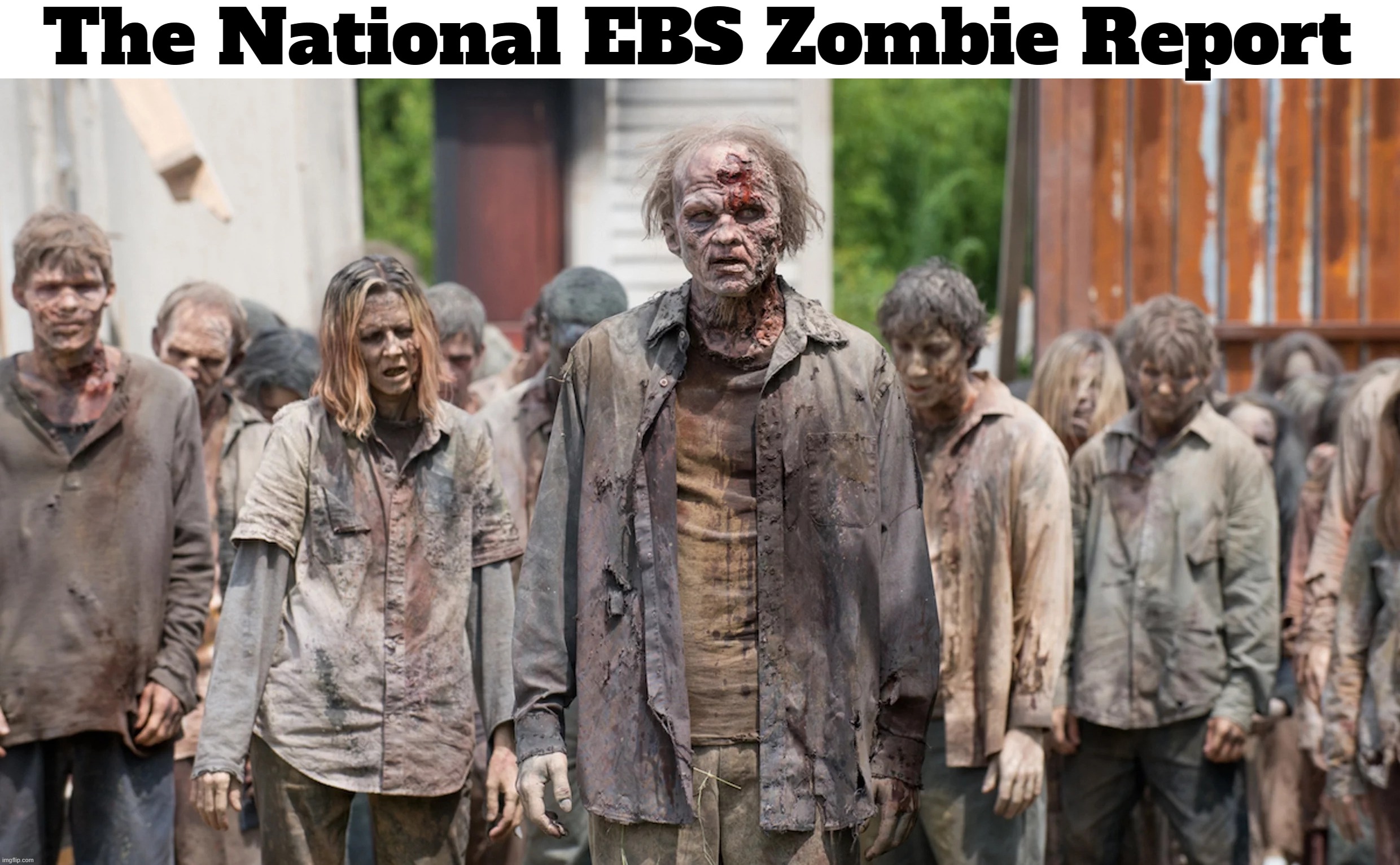 The National EBS Zombie Apocalypse Report has been delayed. | The National EBS Zombie Report | image tagged in my zombie apocalypse team,zombie apocalypse team extended,zombie apocalypse,ebs,emergency broadcast system | made w/ Imgflip meme maker