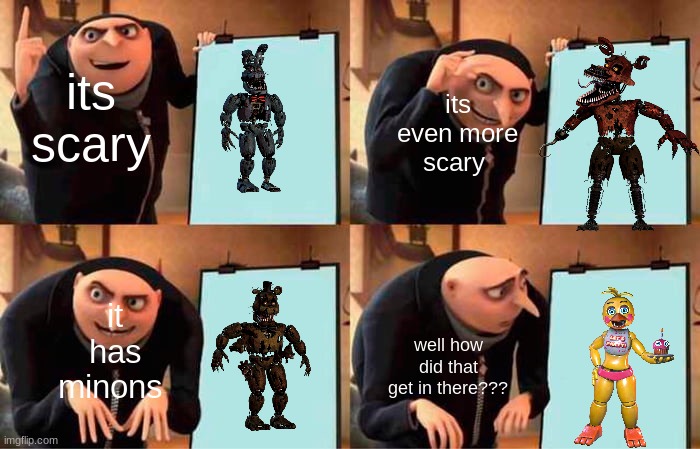 Gru's Plan | its scary; its even more scary; it has minons; well how did that get in there??? | image tagged in memes,gru's plan | made w/ Imgflip meme maker