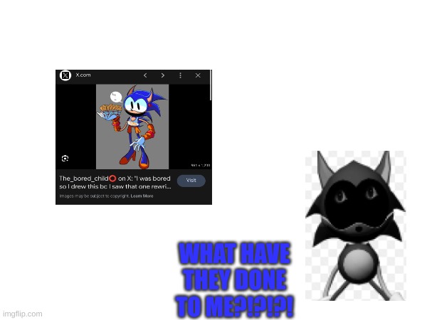 rewrite looks at a drawing of himself as a femboy hooters employee (i bet curse goes there btw) | WHAT HAVE THEY DONE TO ME?!?!?! | image tagged in fnf,sonic exe,memes,horror | made w/ Imgflip meme maker