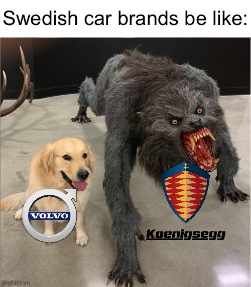 on one hand, you have fairly ordinary and safe cars... on the other, SPEED AND POWER!!! | Swedish car brands be like: | image tagged in dog vs werewolf,volvo,koenigsegg,cars,memes,car memes | made w/ Imgflip meme maker