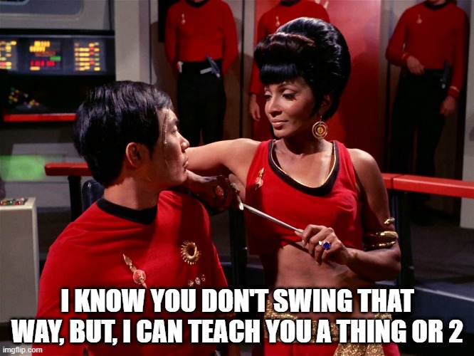 Sultry Uhura | I KNOW YOU DON'T SWING THAT WAY, BUT, I CAN TEACH YOU A THING OR 2 | image tagged in star trek alternate uhura | made w/ Imgflip meme maker