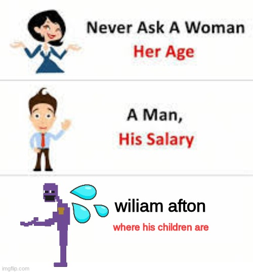 Never ask a woman her age | wiliam afton; where his children are | image tagged in never ask a woman her age | made w/ Imgflip meme maker