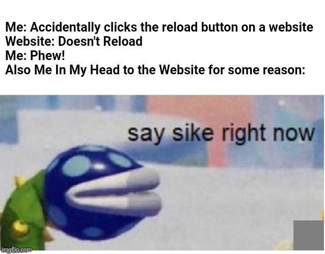 The Page Will Now Reload Automatically | Me: Accidentally clicks the reload button on a website

Website: Doesn't Reload

Me: Phew!

Also Me In My Head to the Website for some reason: | image tagged in say sike right now | made w/ Imgflip meme maker