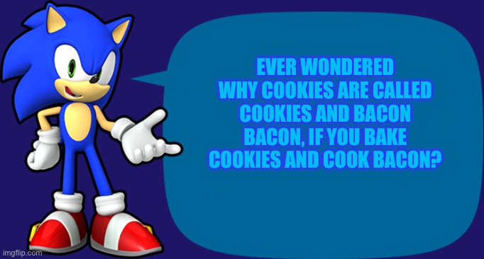 It doesn’t make sense | EVER WONDERED WHY COOKIES ARE CALLED COOKIES AND BACON BACON, IF YOU BAKE COOKIES AND COOK BACON? | image tagged in sonic sez | made w/ Imgflip meme maker