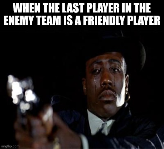 Finally a meme after my absence | WHEN THE LAST PLAYER IN THE ENEMY TEAM IS A FRIENDLY PLAYER | image tagged in crying wesley snipes,memes,funny,gaming,video games | made w/ Imgflip meme maker