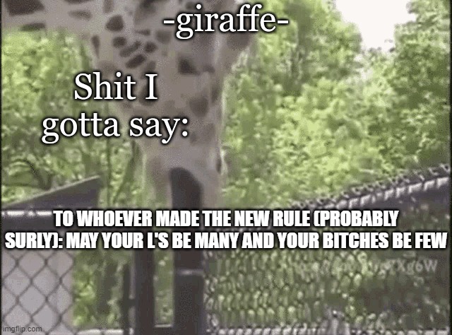 -giraffe- | TO WHOEVER MADE THE NEW RULE (PROBABLY SURLY): MAY YOUR L'S BE MANY AND YOUR BITCHES BE FEW | image tagged in -giraffe- | made w/ Imgflip meme maker