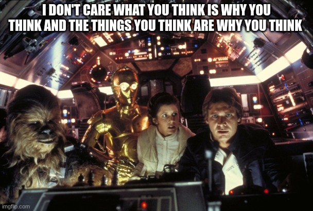 han solo never tell me the odds | I DON'T CARE WHAT YOU THINK IS WHY YOU THINK AND THE THINGS YOU THINK ARE WHY YOU THINK | image tagged in han solo never tell me the odds | made w/ Imgflip meme maker