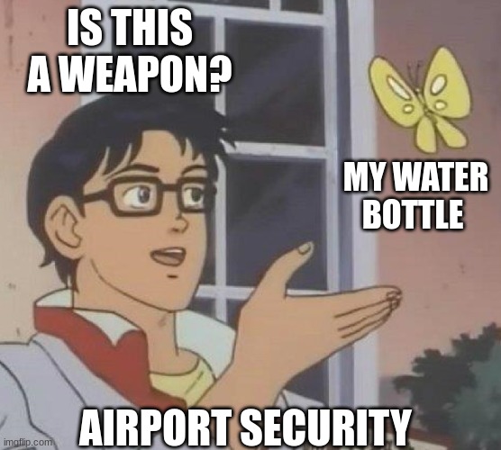 is this butterfly | IS THIS A WEAPON? MY WATER BOTTLE; AIRPORT SECURITY | image tagged in is this butterfly | made w/ Imgflip meme maker