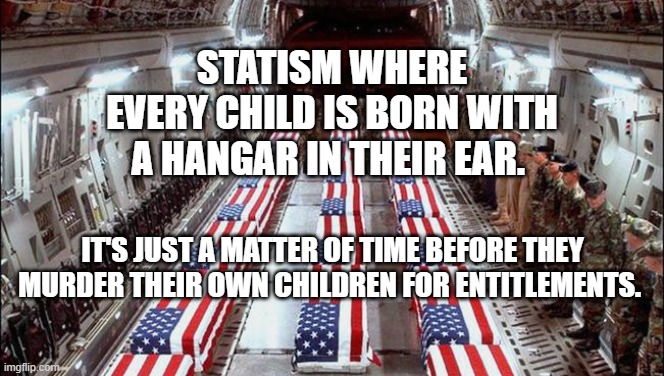 Military caskets | STATISM WHERE EVERY CHILD IS BORN WITH A HANGAR IN THEIR EAR. IT'S JUST A MATTER OF TIME BEFORE THEY MURDER THEIR OWN CHILDREN FOR ENTITLEMENTS. | image tagged in military caskets | made w/ Imgflip meme maker