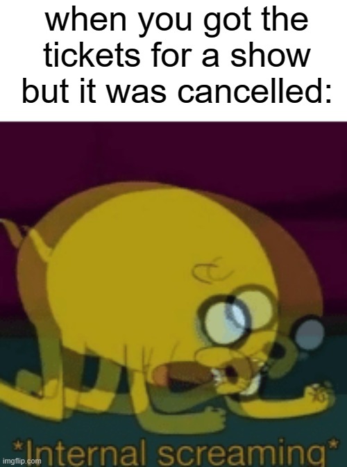 Jake The Dog Internal Screaming | when you got the tickets for a show but it was cancelled: | image tagged in jake the dog internal screaming | made w/ Imgflip meme maker