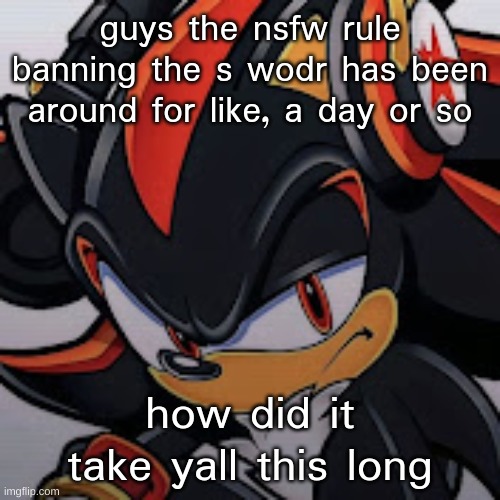 then again, it didnt apply to comments until today | guys the nsfw rule banning the s wodr has been around for like, a day or so; how did it take yall this long | image tagged in shadow vibing | made w/ Imgflip meme maker