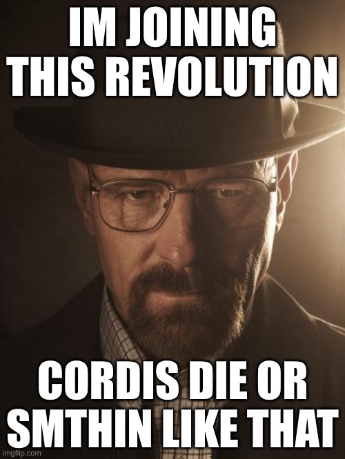 Walter White | IM JOINING THIS REVOLUTION; CORDIS DIE OR SMTHIN LIKE THAT | image tagged in walter white | made w/ Imgflip meme maker