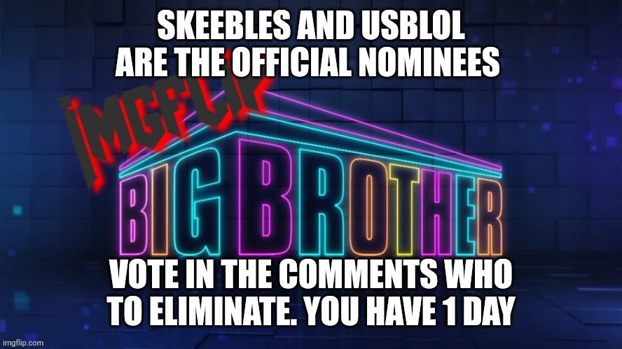 Eviction | SKEEBLES AND USBLOL ARE THE OFFICIAL NOMINEES; VOTE IN THE COMMENTS WHO TO ELIMINATE. YOU HAVE 1 DAY | image tagged in imgflip big brother 2 logo | made w/ Imgflip meme maker