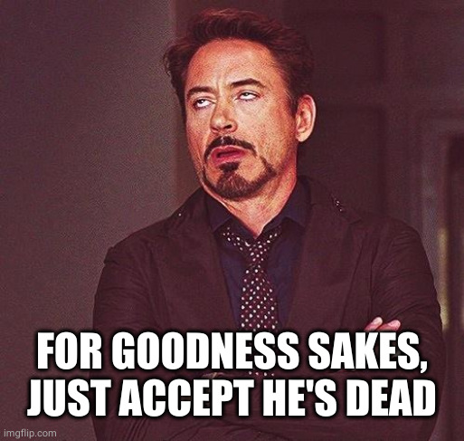 Robert Downey Jr Annoyed | FOR GOODNESS SAKES, JUST ACCEPT HE'S DEAD | image tagged in robert downey jr annoyed | made w/ Imgflip meme maker