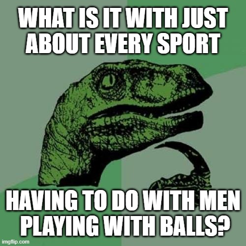 I'm itching to know this answer... | WHAT IS IT WITH JUST
ABOUT EVERY SPORT; HAVING TO DO WITH MEN
 PLAYING WITH BALLS? | image tagged in memes,philosoraptor,balls,men,sports | made w/ Imgflip meme maker