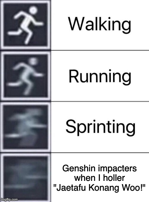 if you have encountered an abyss mage you know what I'm talking about | Genshin impacters when I holler "Jaetafu Konang Woo!" | image tagged in walking running sprinting,genshin impact | made w/ Imgflip meme maker
