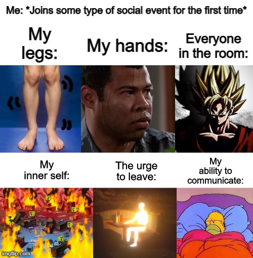 This'll be me when Friday arrives... I'm joining a new youth group, which will be "fun" :I | Me: *Joins some type of social event for the first time*; My legs:; My hands:; Everyone in the room: | image tagged in goku stare | made w/ Imgflip meme maker