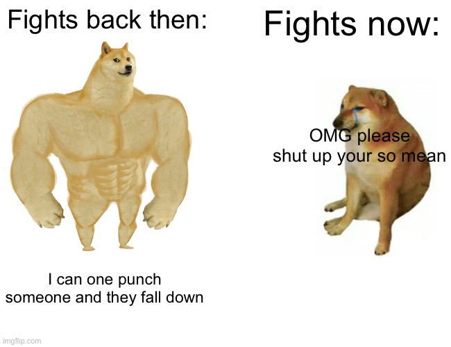 Buff Doge vs. Cheems | Fights back then:; Fights now:; OMG please shut up your so mean; I can one punch someone and they fall down | image tagged in memes,buff doge vs cheems | made w/ Imgflip meme maker