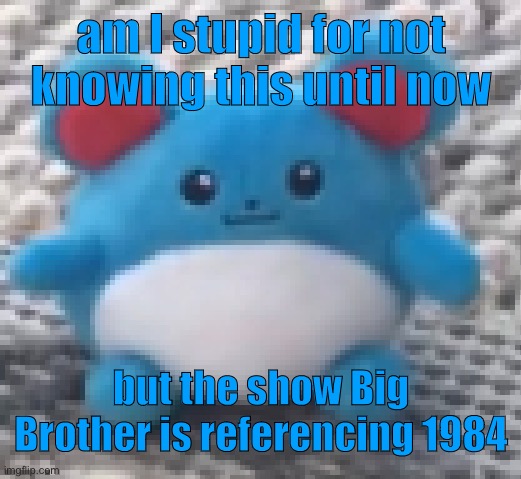 Marill 6 | am I stupid for not knowing this until now; but the show Big Brother is referencing 1984 | image tagged in marill 6 | made w/ Imgflip meme maker