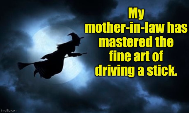 Witchy woman | My mother-in-law has mastered the fine art of driving a stick. | image tagged in bad pun | made w/ Imgflip meme maker