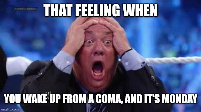 oh my God | THAT FEELING WHEN; YOU WAKE UP FROM A COMA, AND IT'S MONDAY | image tagged in oh my god | made w/ Imgflip meme maker