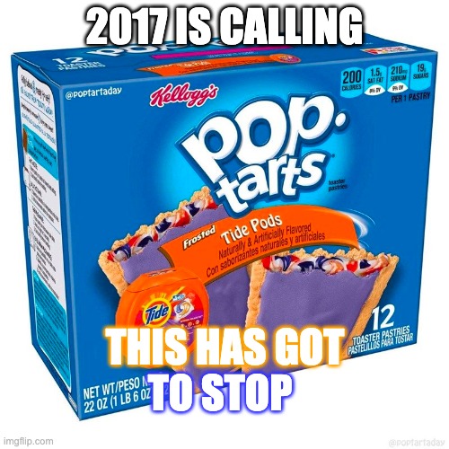 Seriously guys (sigh).................. | 2017 IS CALLING; THIS HAS GOT; TO STOP | image tagged in funny,pop tarts,tide pods,funny meme,upvotes,support | made w/ Imgflip meme maker