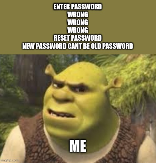 what the heck? | ENTER PASSWORD
WRONG
WRONG
WRONG
RESET PASSWORD
NEW PASSWORD CANT BE OLD PASSWORD; ME | image tagged in confused shrek | made w/ Imgflip meme maker