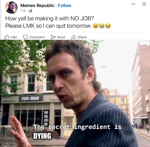 Life insurance | DYING | image tagged in the secret ingredient is x,dying,unemployed | made w/ Imgflip meme maker