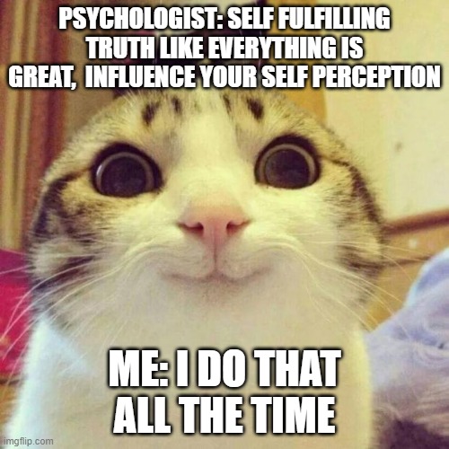 Smiling Cat Meme | PSYCHOLOGIST: SELF FULFILLING TRUTH LIKE EVERYTHING IS GREAT,  INFLUENCE YOUR SELF PERCEPTION; ME: I DO THAT ALL THE TIME | image tagged in memes,smiling cat | made w/ Imgflip meme maker