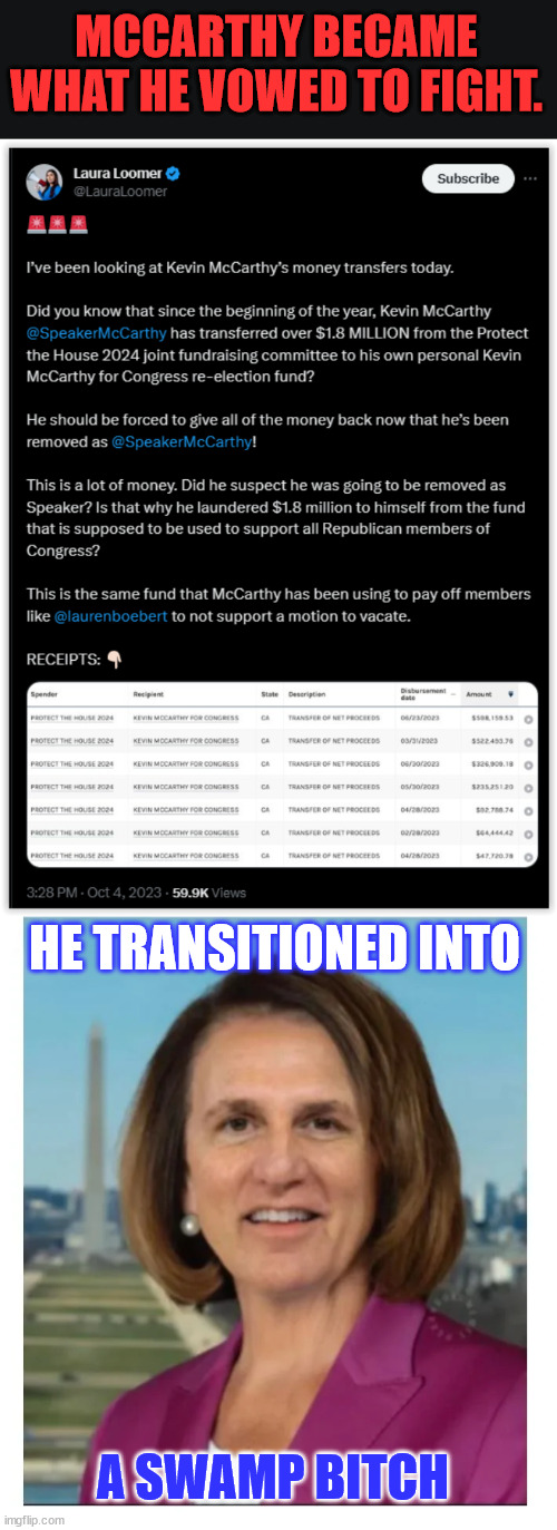 McCarthy out... for not keeping his word... | MCCARTHY BECAME WHAT HE VOWED TO FIGHT. HE TRANSITIONED INTO; A SWAMP BITCH | image tagged in rino,gone,drain the swamp | made w/ Imgflip meme maker