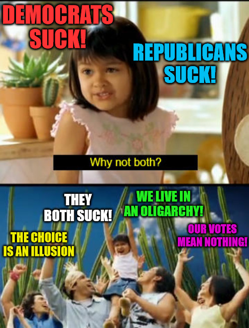 DEMOCRATS SUCK! REPUBLICANS SUCK! WE LIVE IN AN OLIGARCHY! THEY BOTH SUCK! OUR VOTES MEAN NOTHING! THE CHOICE IS AN ILLUSION | image tagged in oligarchy,republicans,democrats | made w/ Imgflip meme maker