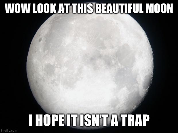 Full Moon | WOW LOOK AT THIS BEAUTIFUL MOON; I HOPE IT ISN’T A TRAP | image tagged in full moon | made w/ Imgflip meme maker