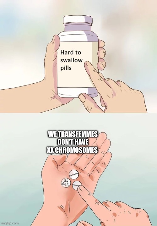 It’s just a pill we gotta swallow… | WE TRANSFEMMES DON’T HAVE XX CHROMOSOMES | image tagged in memes,hard to swallow pills | made w/ Imgflip meme maker