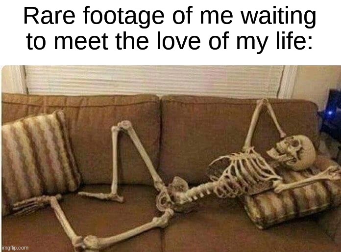Never gonna happen | Rare footage of me waiting to meet the love of my life: | image tagged in memes,funny,halloween,spooky month,true story,skeleton | made w/ Imgflip meme maker