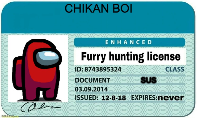 i have a furry hunting license | CHIKAN BOI; SUS | image tagged in furry hunting license | made w/ Imgflip meme maker