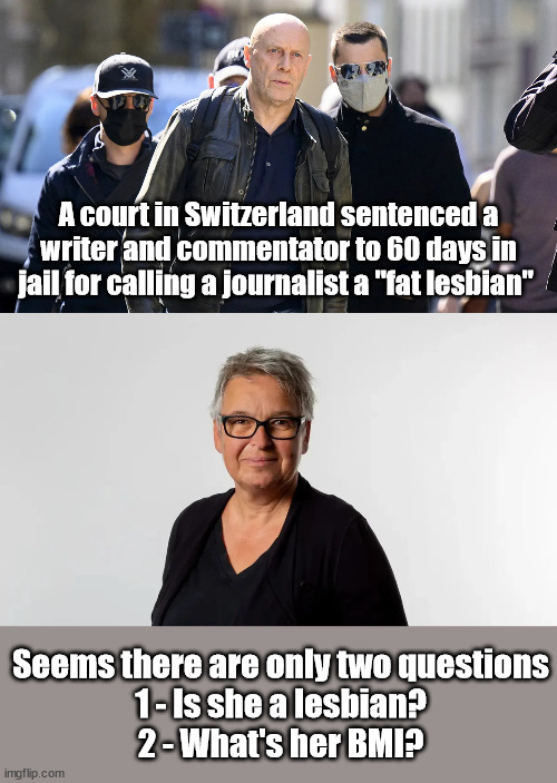 Sticks and Stones... | A court in Switzerland sentenced a writer and commentator to 60 days in jail for calling a journalist a "fat lesbian"; Seems there are only two questions
1 - Is she a lesbian?
2 - What's her BMI? | image tagged in political correctness,woke,ldiocracy | made w/ Imgflip meme maker