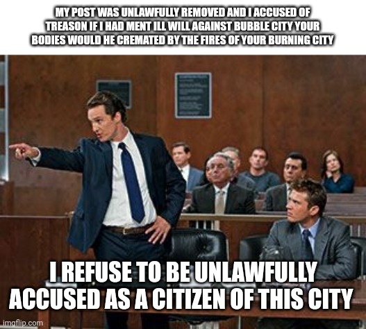 This is a protest | MY POST WAS UNLAWFULLY REMOVED AND I ACCUSED OF TREASON IF I HAD MENT ILL WILL AGAINST BUBBLE CITY YOUR BODIES WOULD HE CREMATED BY THE FIRES OF YOUR BURNING CITY; I REFUSE TO BE UNLAWFULLY ACCUSED AS A CITIZEN OF THIS CITY | image tagged in lawyer | made w/ Imgflip meme maker