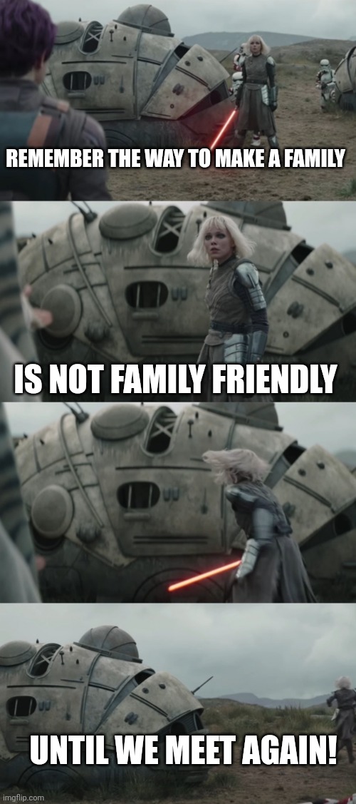 Until we meet again Star Wars style | REMEMBER THE WAY TO MAKE A FAMILY; IS NOT FAMILY FRIENDLY; UNTIL WE MEET AGAIN! | image tagged in until we meet again star wars,star wars,ahsoka | made w/ Imgflip meme maker