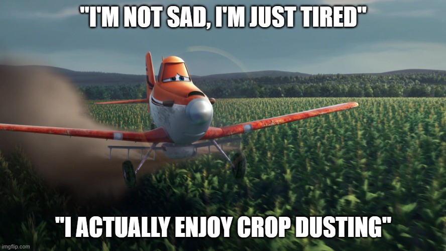 Sad Dusty Crophopper crop dusting | "I'M NOT SAD, I'M JUST TIRED"; "I ACTUALLY ENJOY CROP DUSTING" | image tagged in sad dusty crophopper crop dusting | made w/ Imgflip meme maker