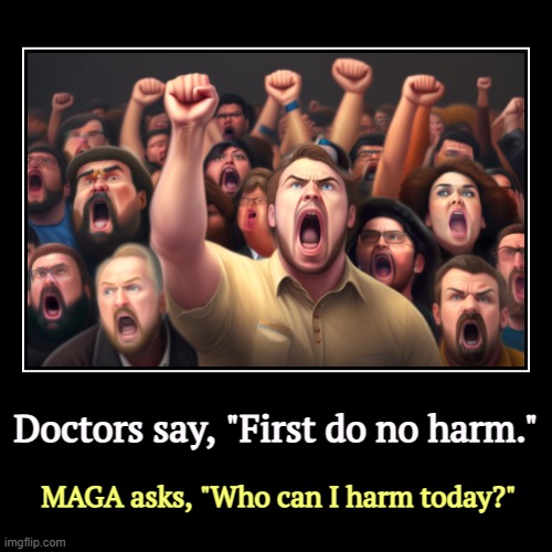 White grievance and death threats | Doctors say, "First do no harm." | MAGA asks, "Who can I harm today?" | image tagged in funny,demotivationals,doctors,help,maga,harm | made w/ Imgflip demotivational maker