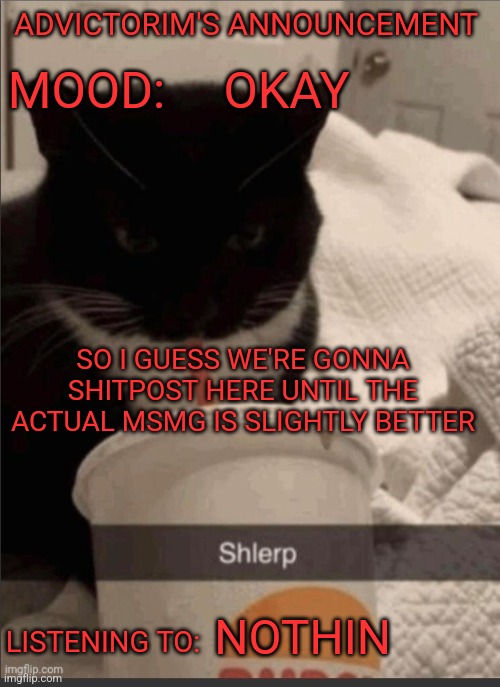 Advictorim announcement temp | ADVICTORIM'S ANNOUNCEMENT; OKAY; MOOD:; SO I GUESS WE'RE GONNA SHITPOST HERE UNTIL THE ACTUAL MSMG IS SLIGHTLY BETTER; LISTENING TO:; NOTHIN | image tagged in advictorim announcement temp | made w/ Imgflip meme maker