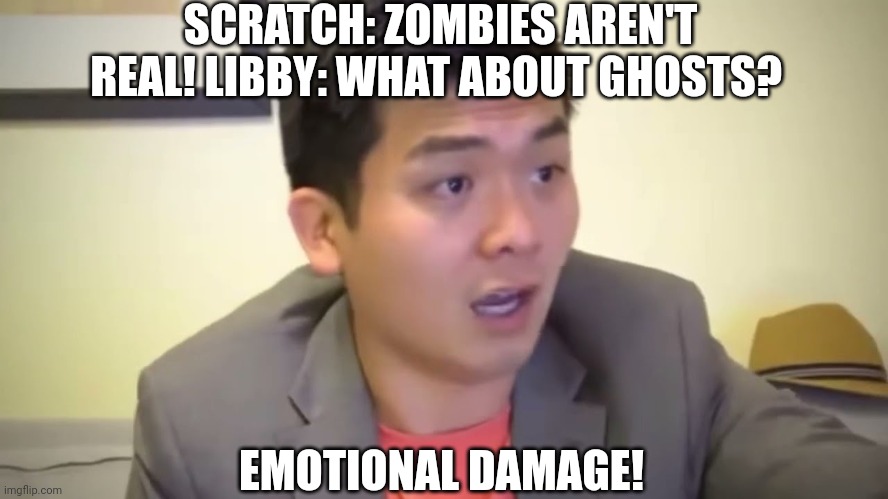 Tgamm meme | SCRATCH: ZOMBIES AREN'T REAL! LIBBY: WHAT ABOUT GHOSTS? EMOTIONAL DAMAGE! | image tagged in emotional damage | made w/ Imgflip meme maker