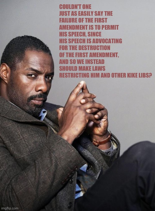 Idris Elba | COULDN'T ONE JUST AS EASILY SAY THE FAILURE OF THE FIRST AMENDMENT IS TO PERMIT HIS SPEECH, SINCE HIS SPEECH IS ADVOCATING FOR THE DESTRUCTION OF THE FIRST AMENDMENT, AND SO WE INSTEAD SHOULD MAKE LAWS RESTRICTING HIM AND OTHER KIKE LIBS? | image tagged in idris elba | made w/ Imgflip meme maker