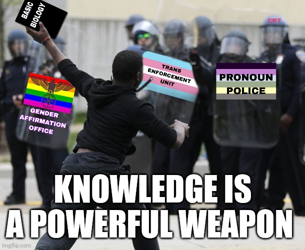 Fight back | KNOWLEDGE IS A POWERFUL WEAPON | image tagged in pronouns,lgbt,gender identity,homosexuality,transgender,tyranny | made w/ Imgflip meme maker